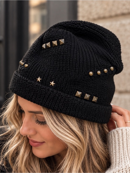 Tasha Accessories - Tasha Black Studded Slouchy Beanie Gold Embellished Studding